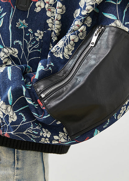 Italian Navy Print Faux Leather Patchwork Cotton Filled Denim Jacket Fall