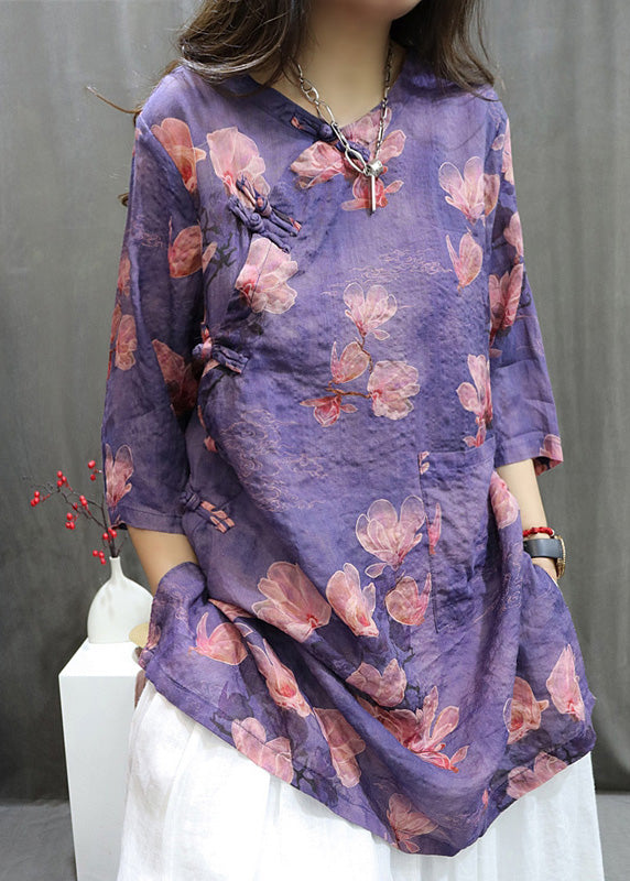 Handmade Green O-neck Print Button Top Summer