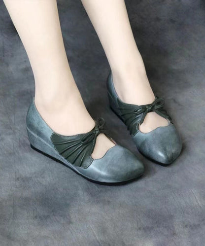 Brown Comfortable Cowhide Leather High Wedge Heels Shoes