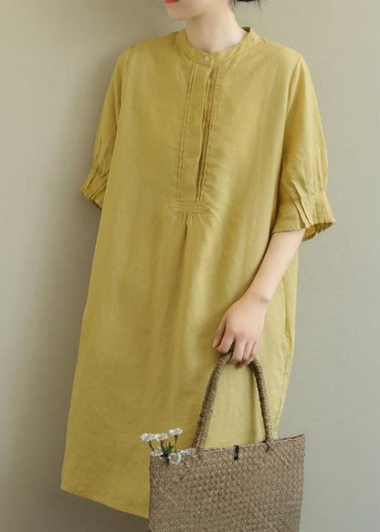 Yellow Side Open Cotton Mid Dress Half Sleeve