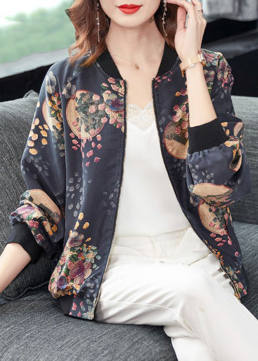 Dark Gray Zip Up Print Pockets Patchwork Silk Coats Fall