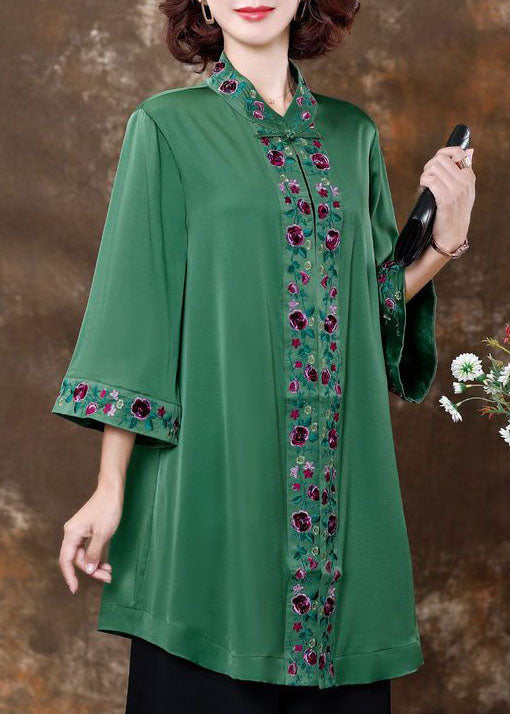 Green Embroideried Patchwork Silk Shirts Spring