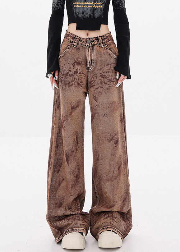 Camel Tie Dye Pockets High Waist Denim Pants Fall