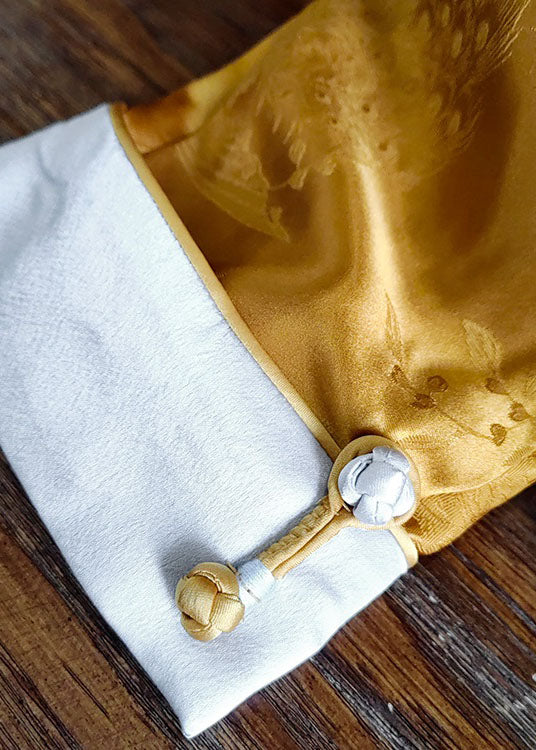 Yellow Button Jacquard Patchwork Silk Shirt O Neck Long Sleeve Fall