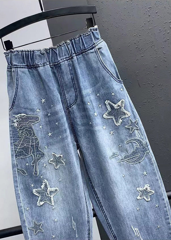 Blue Embroideried Pockets Elastic Waist Denim Crop Pants Summer