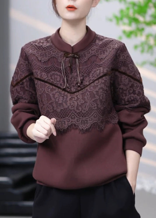 Brown Lace Patchwork Cotton Sweatshirt Winter