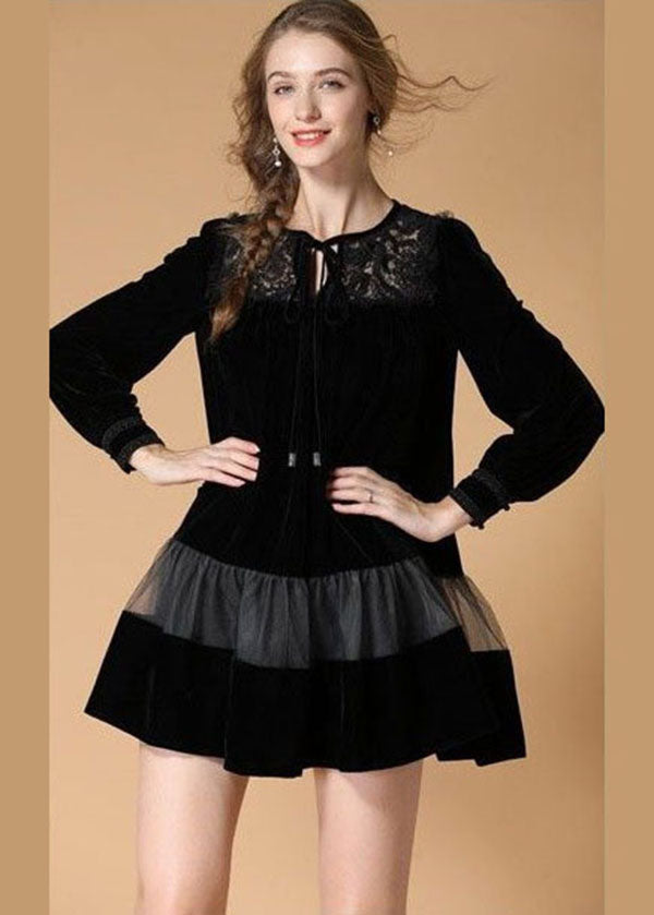 Black Embroideried Patchwork Velour Mini Dress Spring