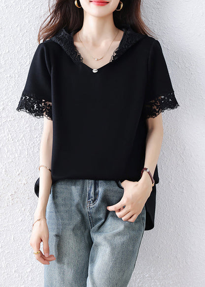 Black Hooded Patchwork Lace Tank Summer