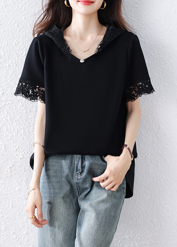 Black Hooded Patchwork Lace Tank Summer