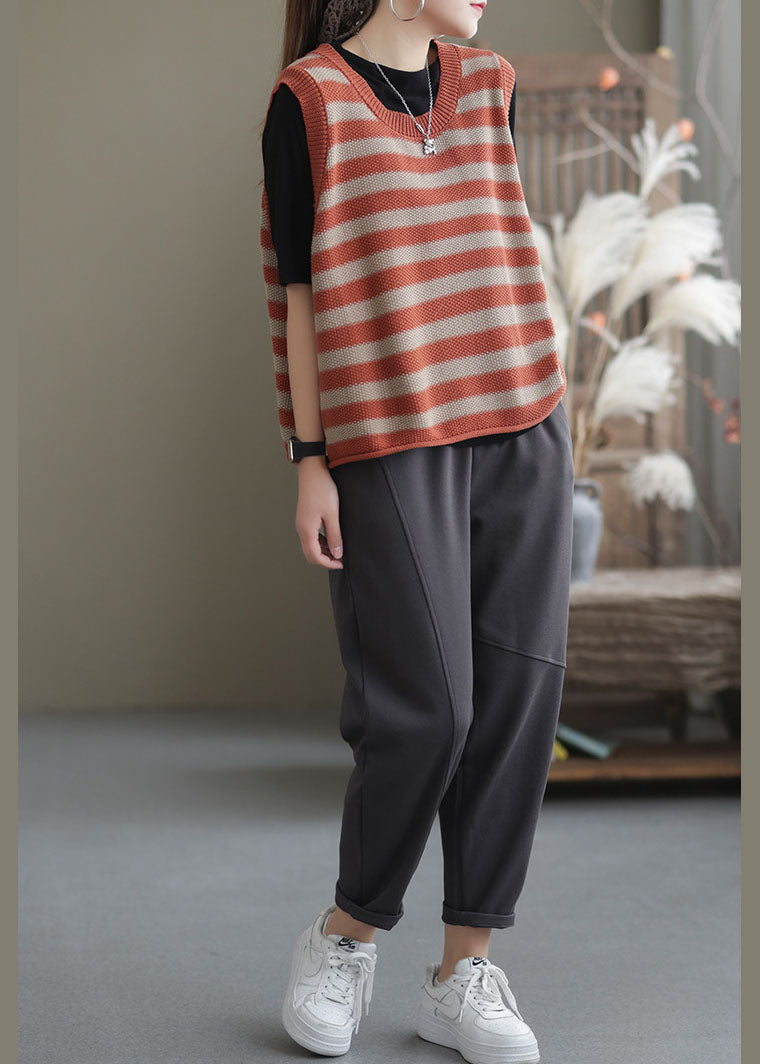 Organic Orange O-neck Striped Knit Tank Tops Sleeveless