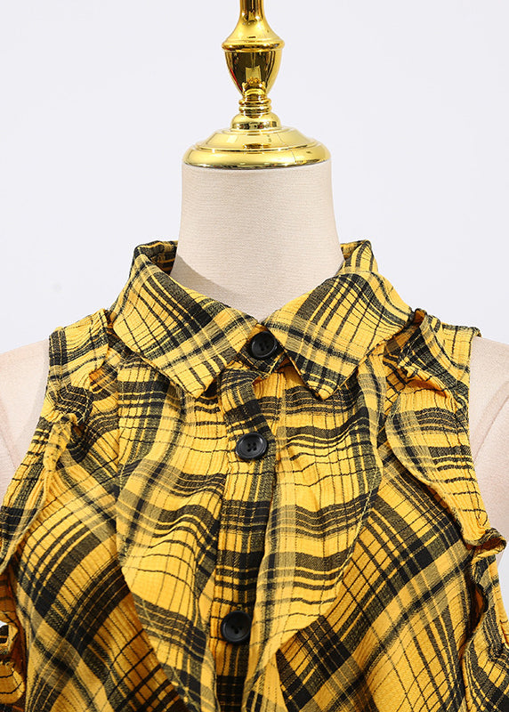 Yellow Ruffled Plaid Cotton Blouse Tops Sleeveless