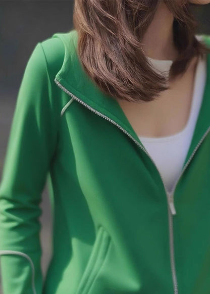 Green Zip Up Pockets Cotton Hoodie Coat Fall