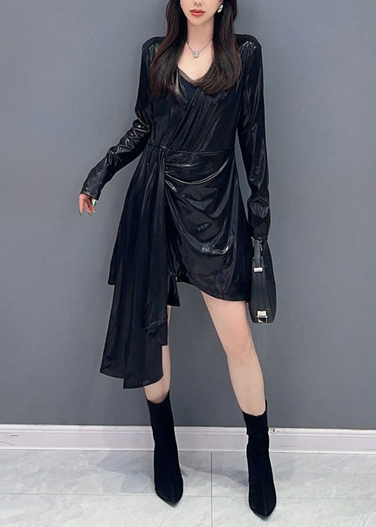 Black Wrinkled Cotton Mid Dress V Neck Spring