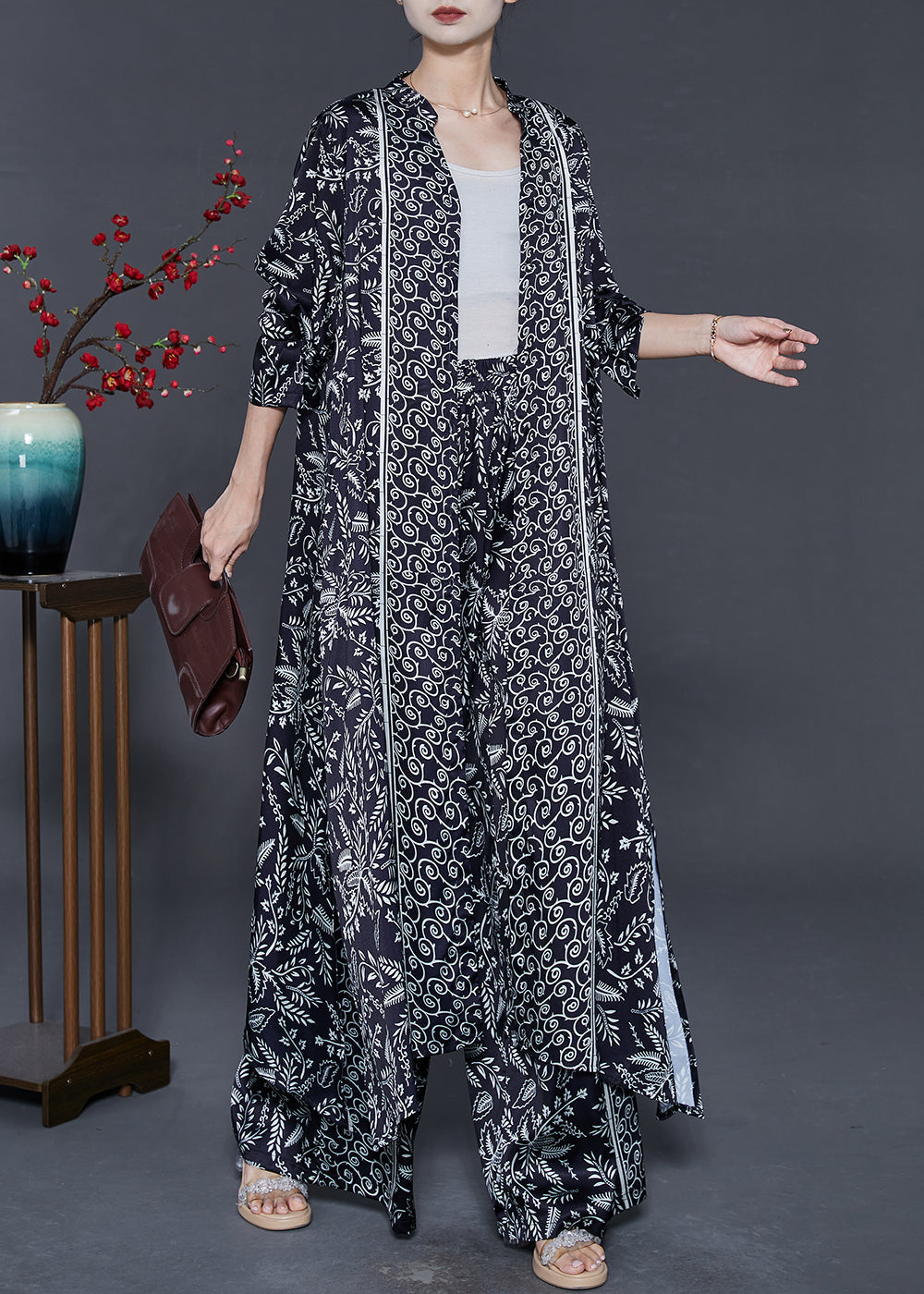 Black V Neck Print Chiffon Two Pieces Set Fall