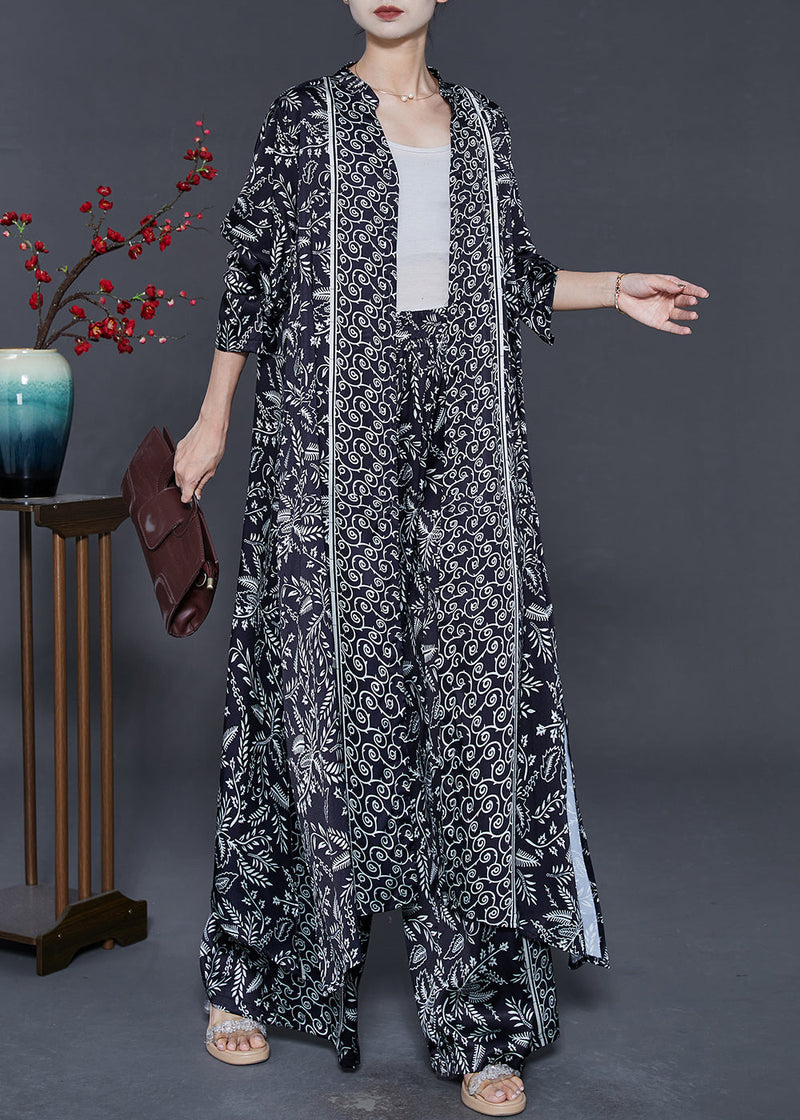 Black V Neck Print Chiffon Two Pieces Set Fall