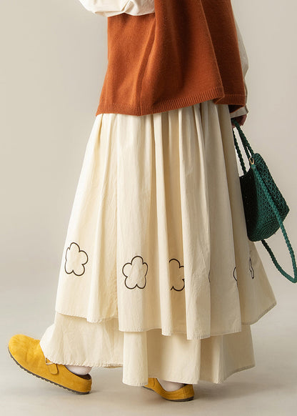 Art Beige Embroidered Exra Large Hem Cotton Skirt Spring