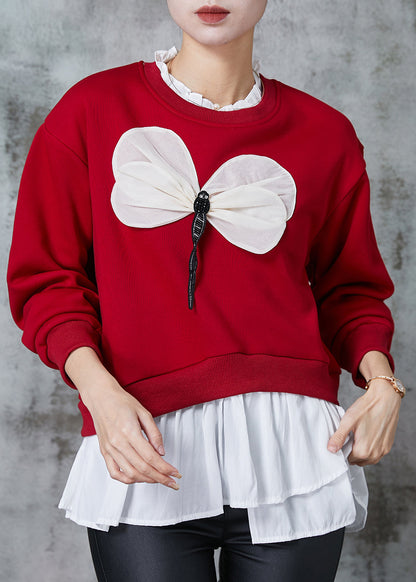 Red Patchwork Dragonfly Cotton Sweatshirts Top Spring