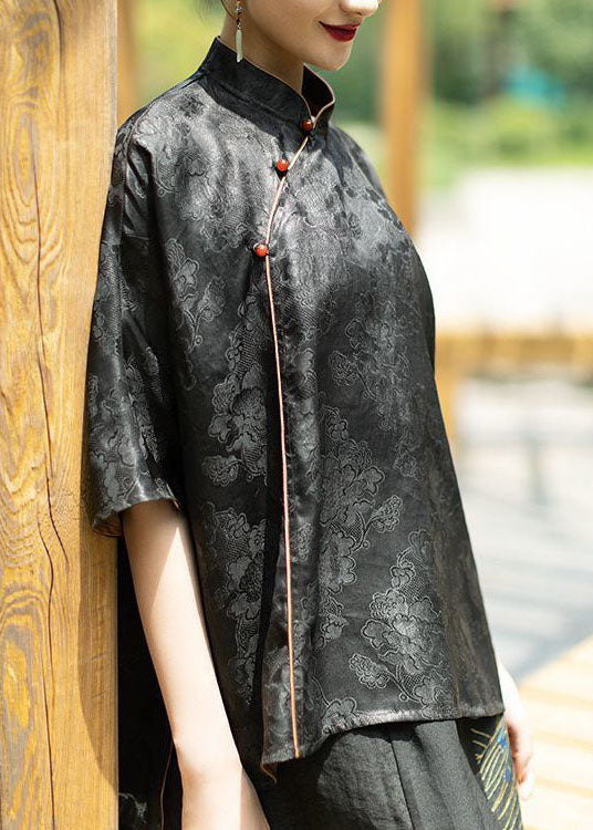 Black Stand Collar Low High Design Jacquard Silk Tops Batwing Sleeve