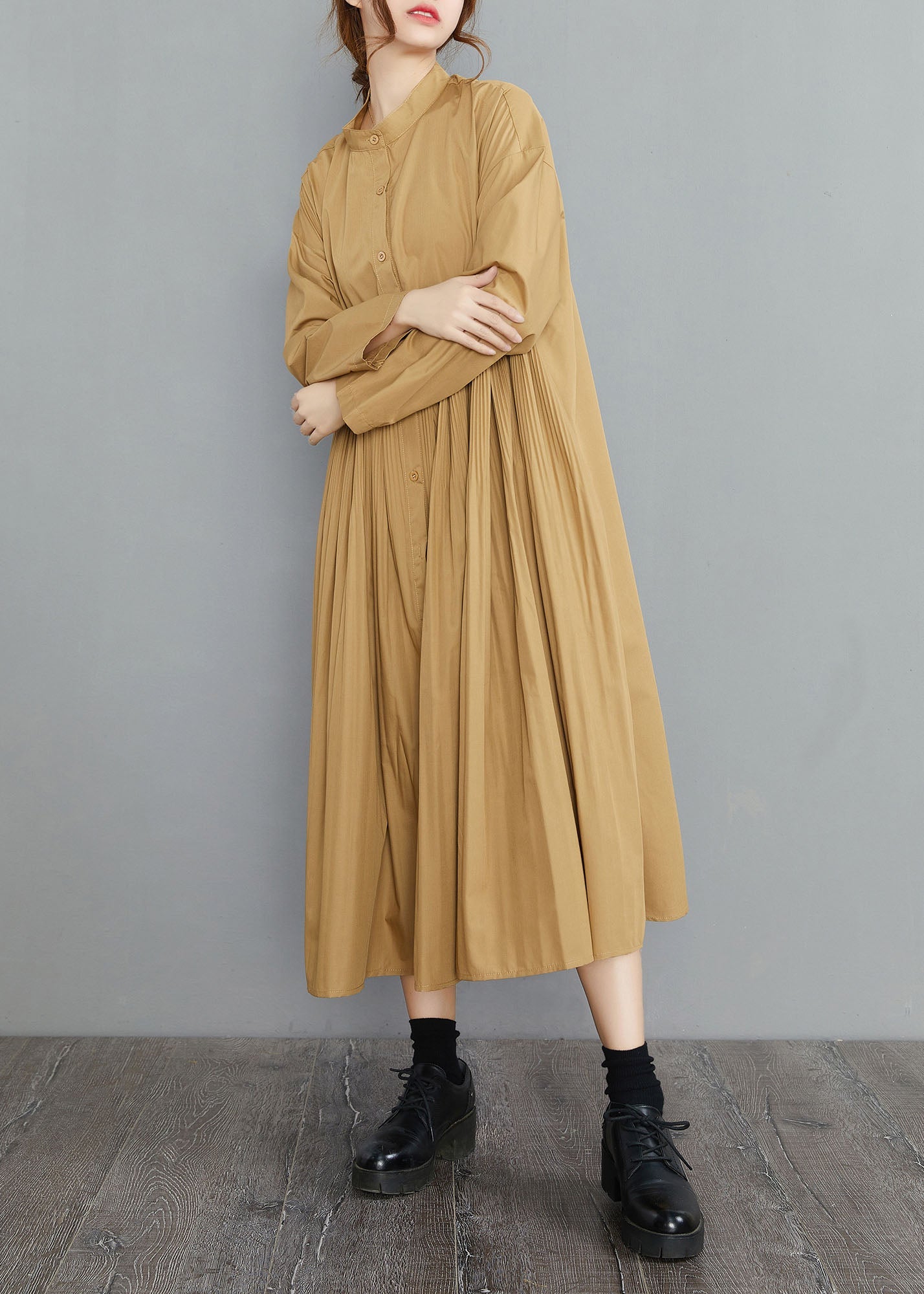 Yellow Button Cotton Dresses Spring