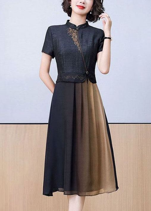 Black Stand Collar Patchwork Embroideried Silk Dress Summer