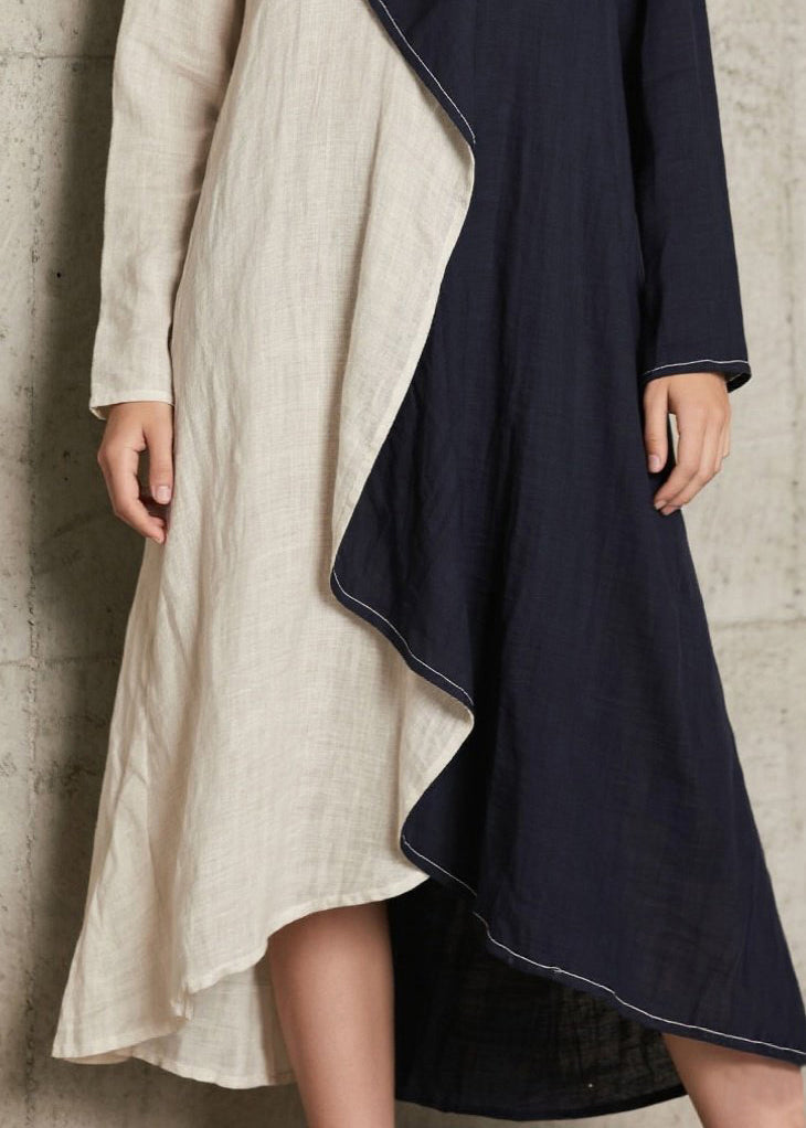 Navy Asymmetrical Patchwork Cotton a Line Dress Spring