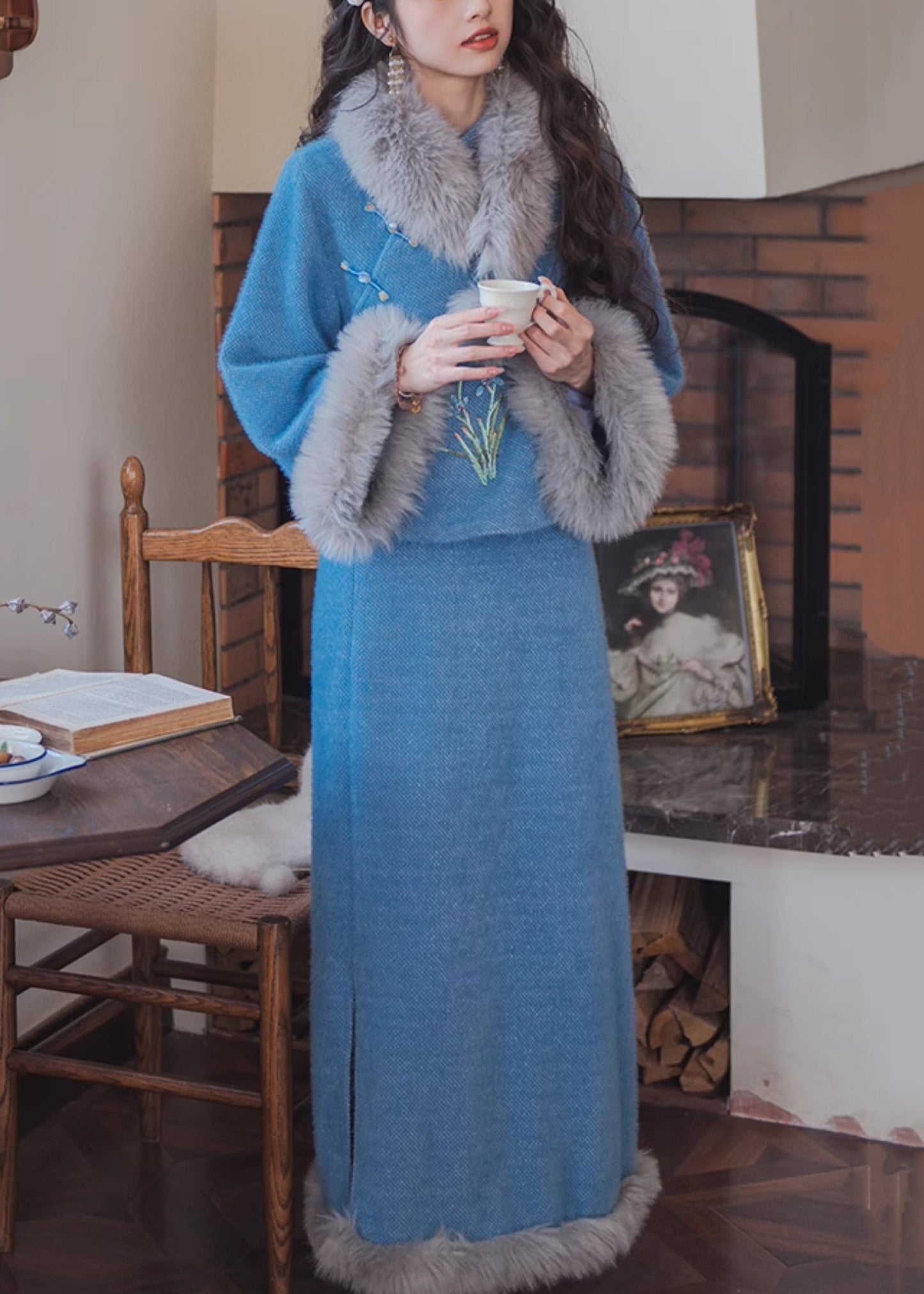 Blue Fur Collar Tops and Skirts Cotton Filled Two Pieces Set Winter