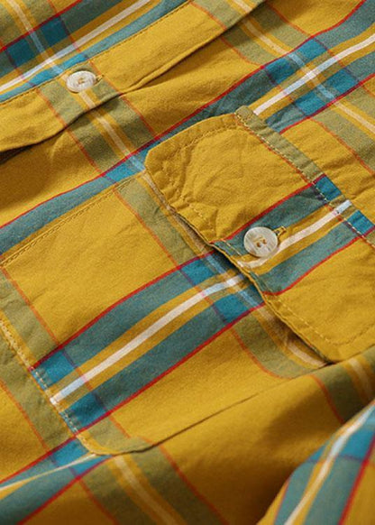 Yellow Green Plaid Pockets Buttontie Waist Fall Wrinkled Maxi Dress Long Sleeve