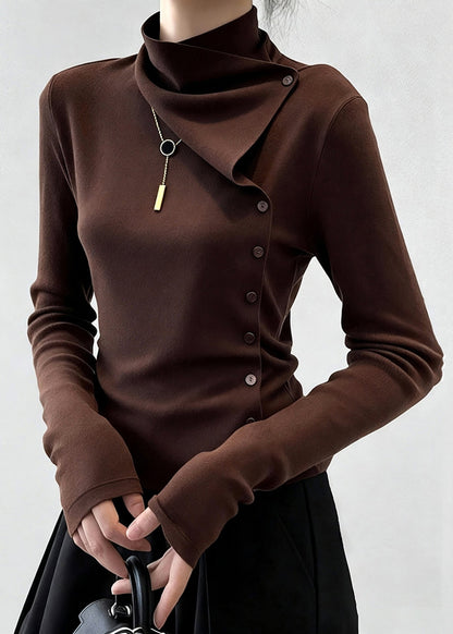 Slim Fit Coffee Turtleneck Button Cotton T Shirt Winter