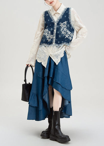 Style Embroidered Denim Vest Shirt Asymmetrical Skirts Set Summer