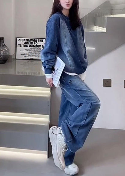 Blue Oversized Patchwork Denim Two Pieces Set Spring