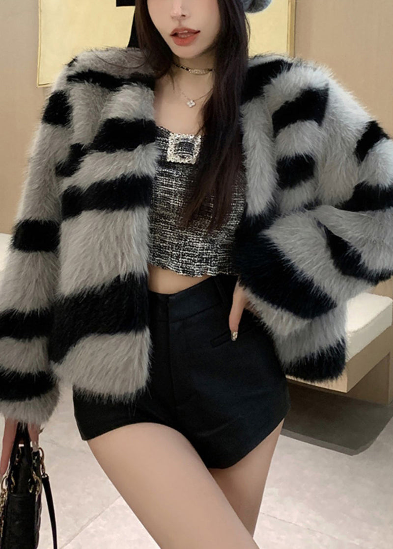 Grey V Neck Striped Fuzzy Fur Fluffy Coat Winter