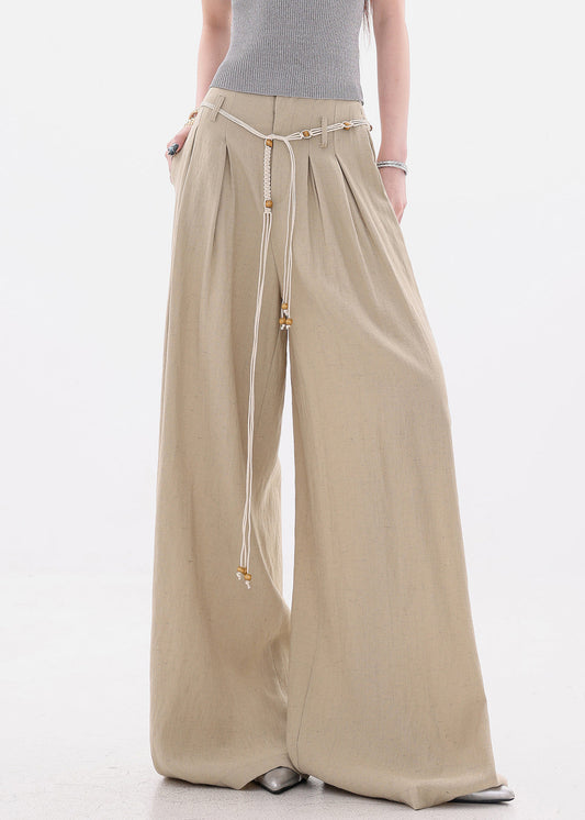 Khaki Pockets Tie Waist High Waist Cotton Wide Leg Pants Fall