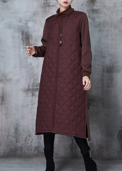 Brown Turtle Neck Patchwork Fine Cotton Filled Dresses Spring