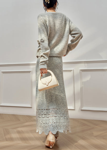 Grey Ruffled Hollow Out Knit Two Piece Set Winter