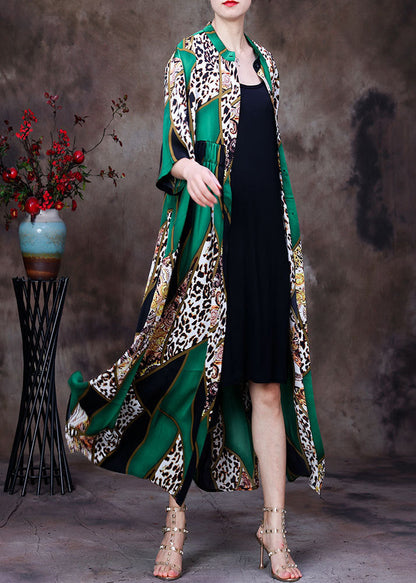 Green Stand Collar Leopard Print Button Wrinkled Silk Long Cardigans Summer