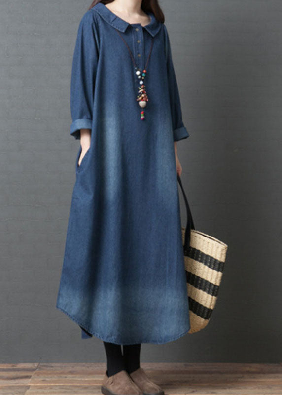 Handmade Blue Peterpan Collar Pockets Patchwork Fall Denim Long Sleeve Dresses
