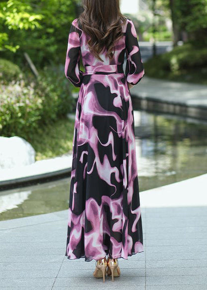 New V Neck Print Lace Up Chiffon Long Dress Summer