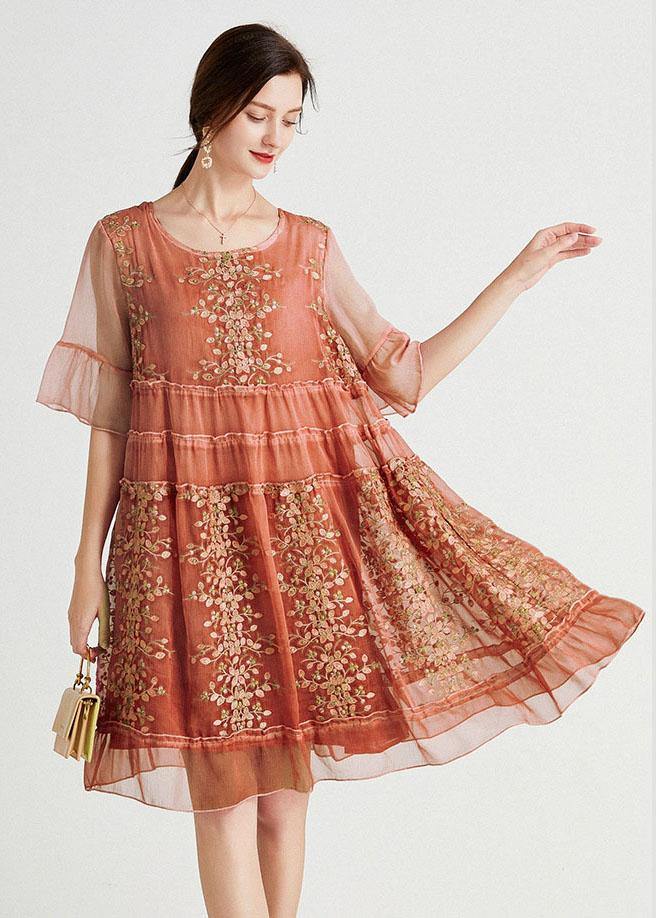 Art Green Embroideried O-neck Loose Summer Flare Sleeve Dress