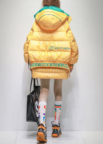 Yellow Hooded Letter Patchwork Duck Down Coats Winter