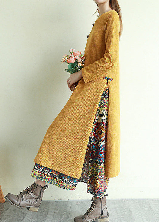Yellow Button V Neck Patchwork Long Dresses Long Sleeve