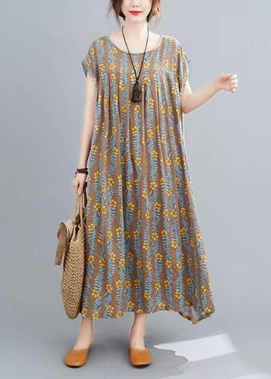Coffee Print Long Dress Short Sleeve