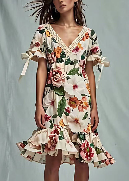 Beige V Neck Print Cotton Dresses Short Sleeve