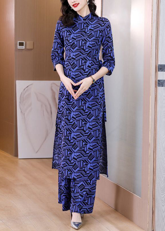 Italian Navy Print Side Open Chiffon Two Piece Set Clothing Spring