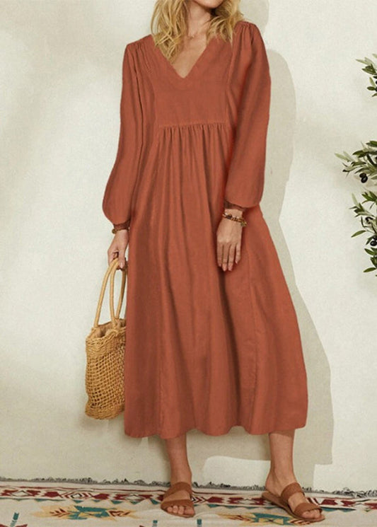 Orange V Neck Patchwork Long Dresses Spring