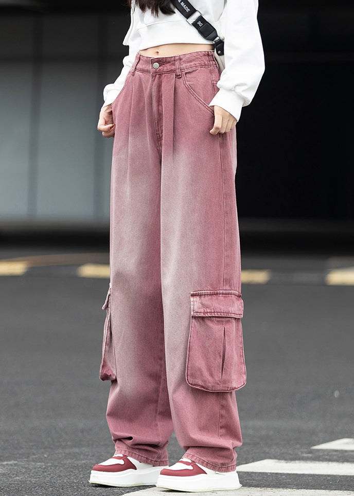 Pockets Patchwork Denim Wide Leg Pants Fall
