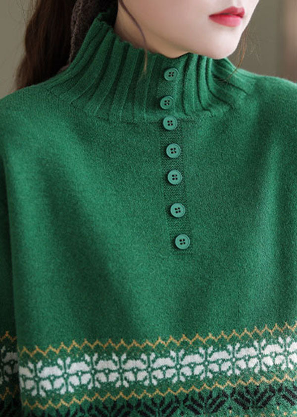 Green High Neck Print Knit Pullover Spring
