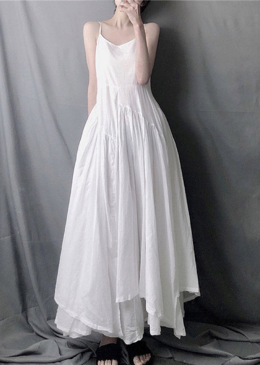 White Asymmetrical Layered Wrinkled Spaghetti Strap Long Dress Sleeveless