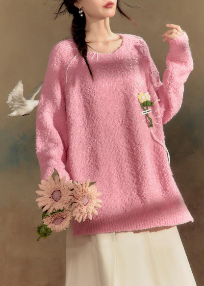 Pink O-neck Cotton Knit Sweaters Winter