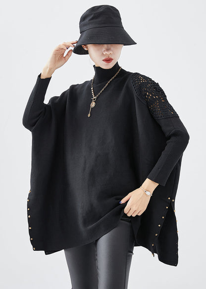 Black Turtle Neck Oversized Side Open Knit Top Fall