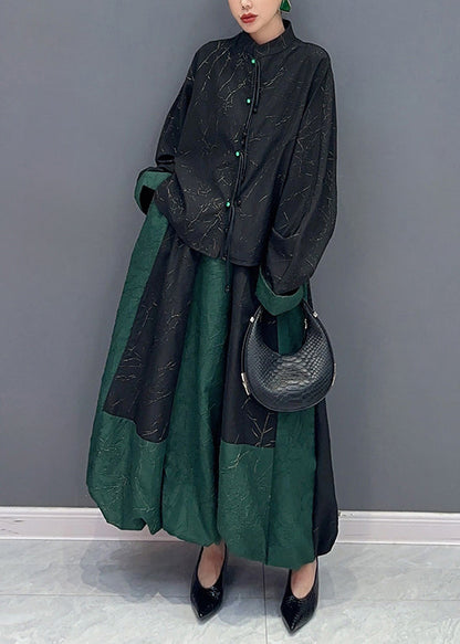 Black Green Stand Collar Tasseled Patchwork Cotton Two Piece Set Fall
